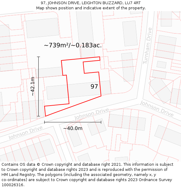 97, JOHNSON DRIVE, LEIGHTON BUZZARD, LU7 4RT: Plot and title map