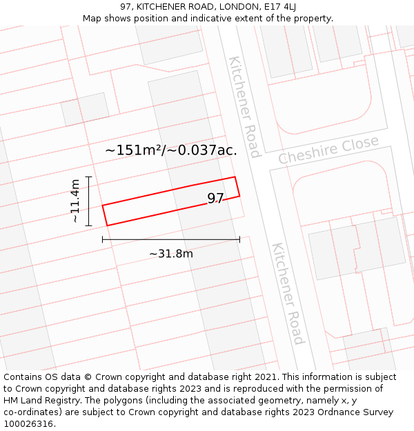 97, KITCHENER ROAD, LONDON, E17 4LJ: Plot and title map