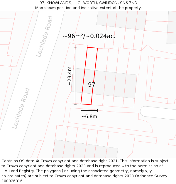 97, KNOWLANDS, HIGHWORTH, SWINDON, SN6 7ND: Plot and title map