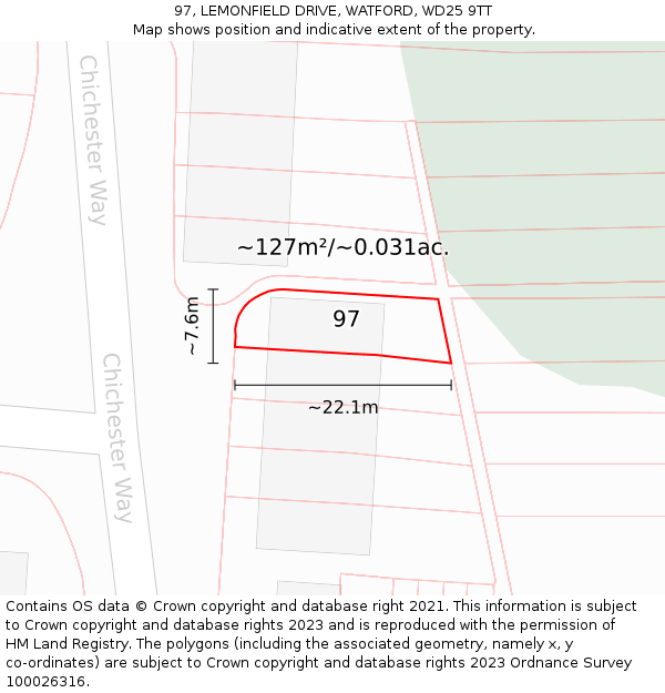 97, LEMONFIELD DRIVE, WATFORD, WD25 9TT: Plot and title map