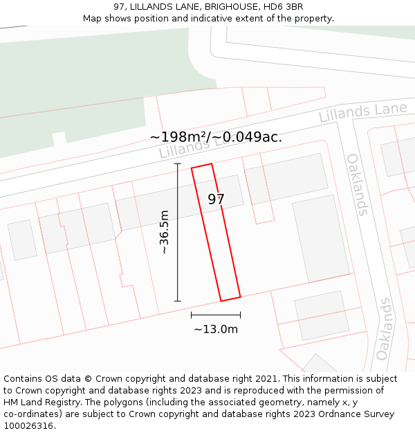 97, LILLANDS LANE, BRIGHOUSE, HD6 3BR: Plot and title map