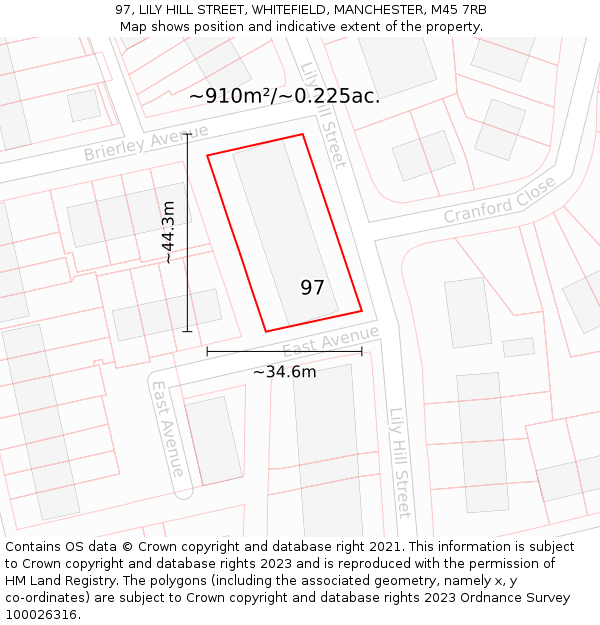 97, LILY HILL STREET, WHITEFIELD, MANCHESTER, M45 7RB: Plot and title map