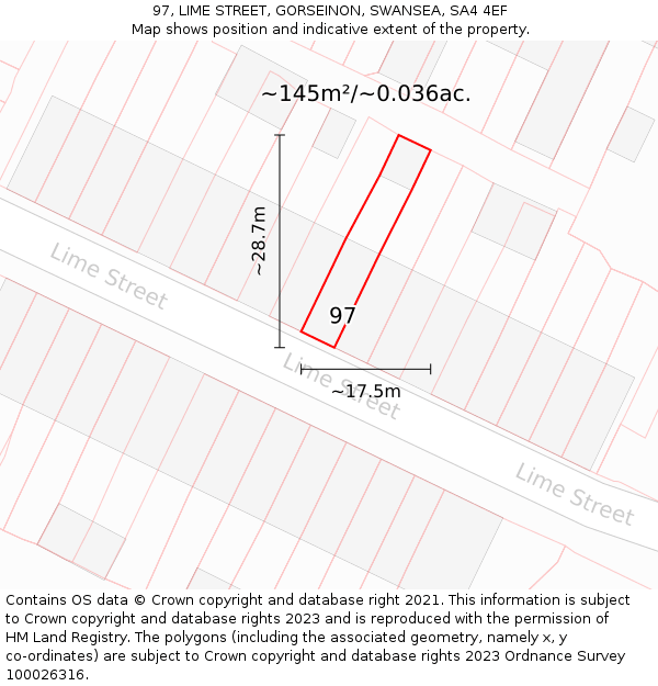 97, LIME STREET, GORSEINON, SWANSEA, SA4 4EF: Plot and title map