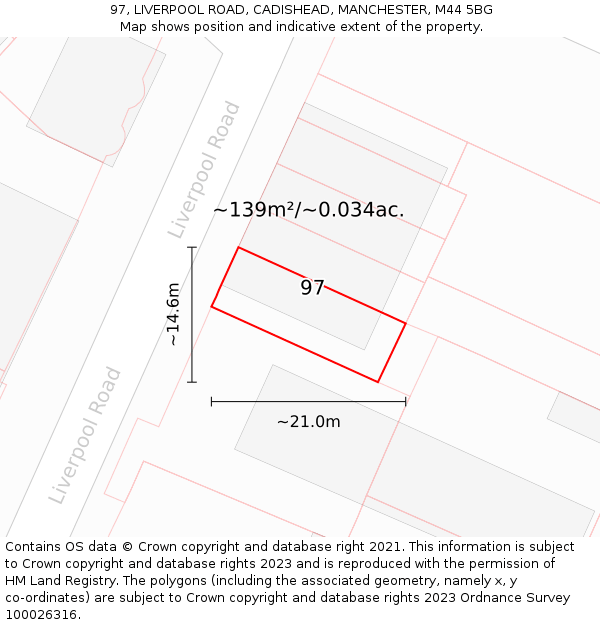 97, LIVERPOOL ROAD, CADISHEAD, MANCHESTER, M44 5BG: Plot and title map