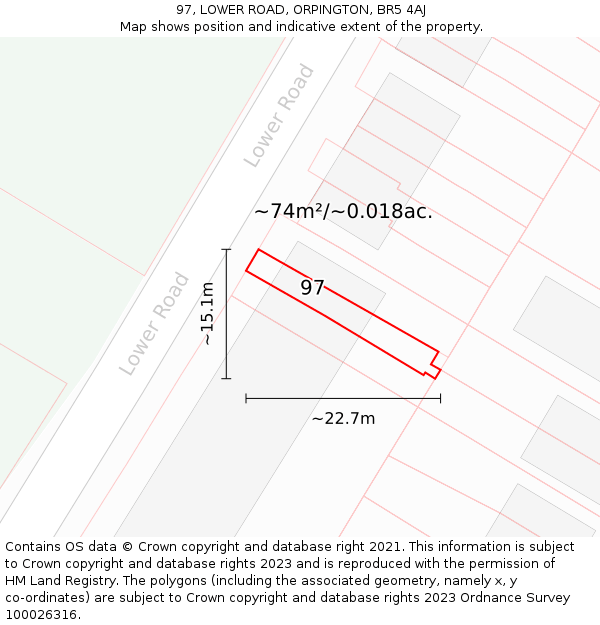 97, LOWER ROAD, ORPINGTON, BR5 4AJ: Plot and title map
