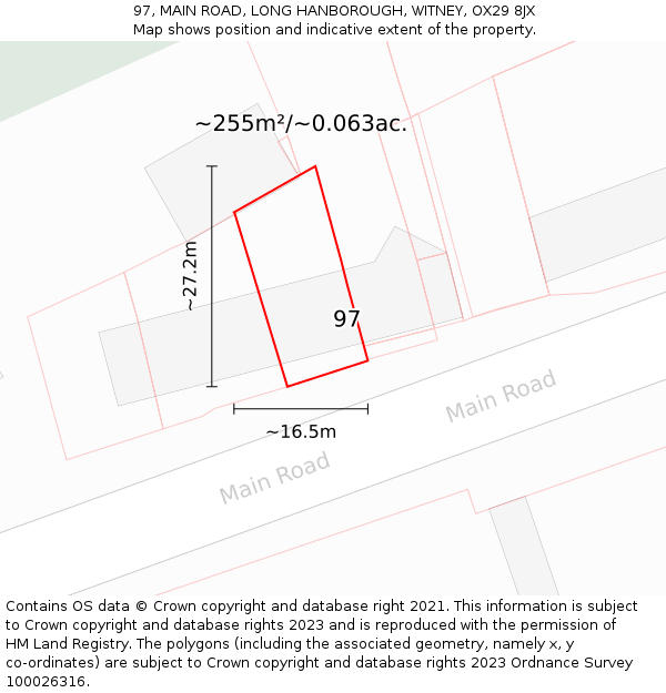 97, MAIN ROAD, LONG HANBOROUGH, WITNEY, OX29 8JX: Plot and title map
