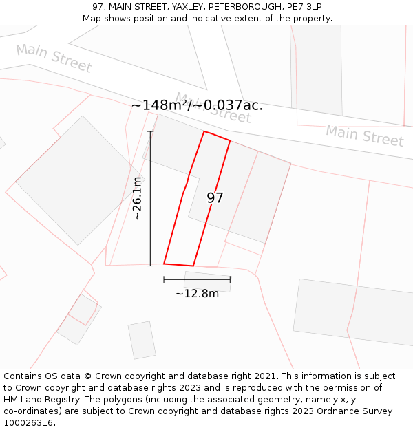 97, MAIN STREET, YAXLEY, PETERBOROUGH, PE7 3LP: Plot and title map