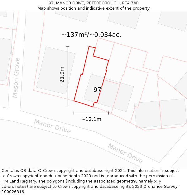 97, MANOR DRIVE, PETERBOROUGH, PE4 7AR: Plot and title map