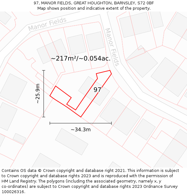 97, MANOR FIELDS, GREAT HOUGHTON, BARNSLEY, S72 0BF: Plot and title map