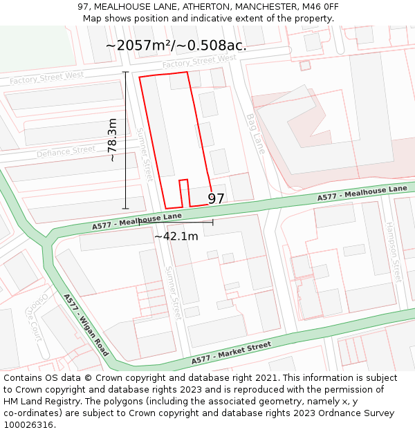 97, MEALHOUSE LANE, ATHERTON, MANCHESTER, M46 0FF: Plot and title map
