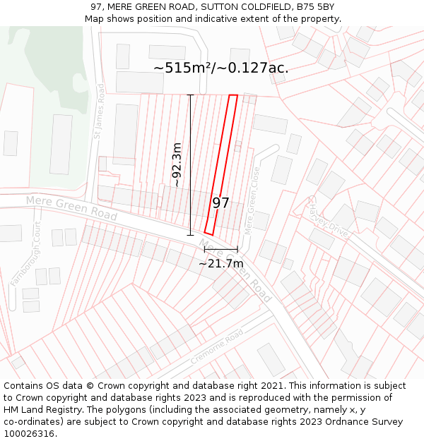 97, MERE GREEN ROAD, SUTTON COLDFIELD, B75 5BY: Plot and title map