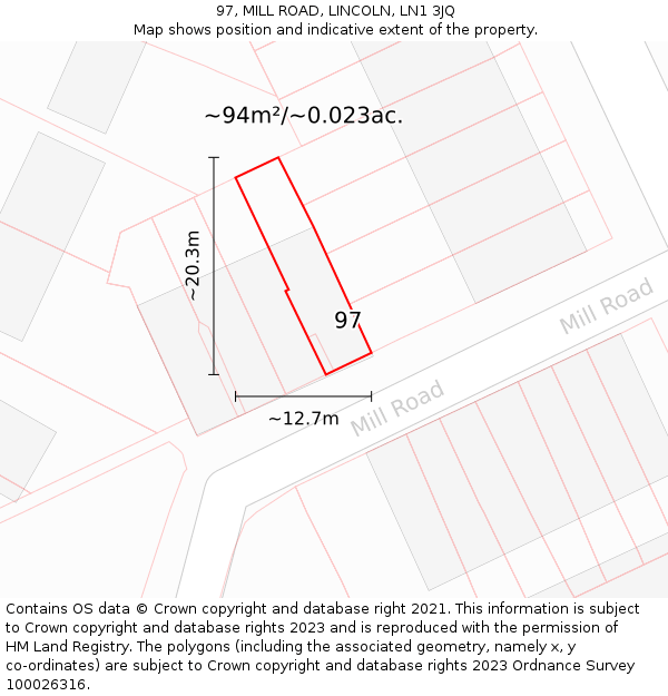 97, MILL ROAD, LINCOLN, LN1 3JQ: Plot and title map