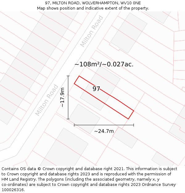 97, MILTON ROAD, WOLVERHAMPTON, WV10 0NE: Plot and title map