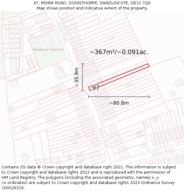 97, MOIRA ROAD, DONISTHORPE, SWADLINCOTE, DE12 7QD: Plot and title map