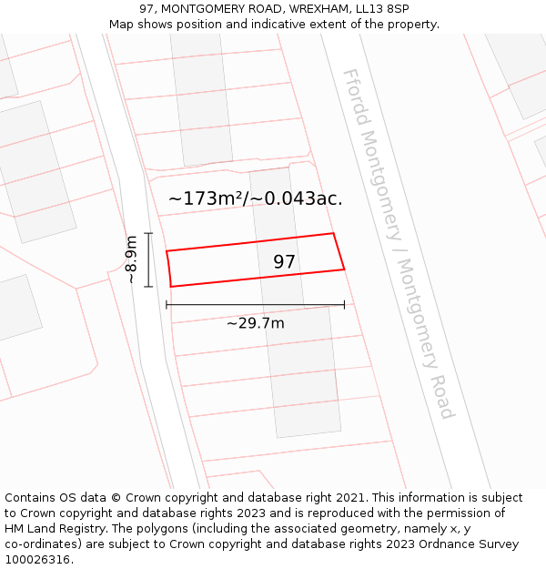 97, MONTGOMERY ROAD, WREXHAM, LL13 8SP: Plot and title map