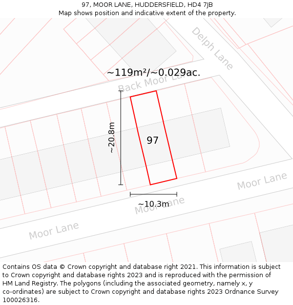 97, MOOR LANE, HUDDERSFIELD, HD4 7JB: Plot and title map