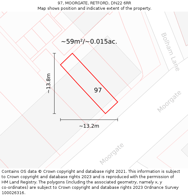 97, MOORGATE, RETFORD, DN22 6RR: Plot and title map