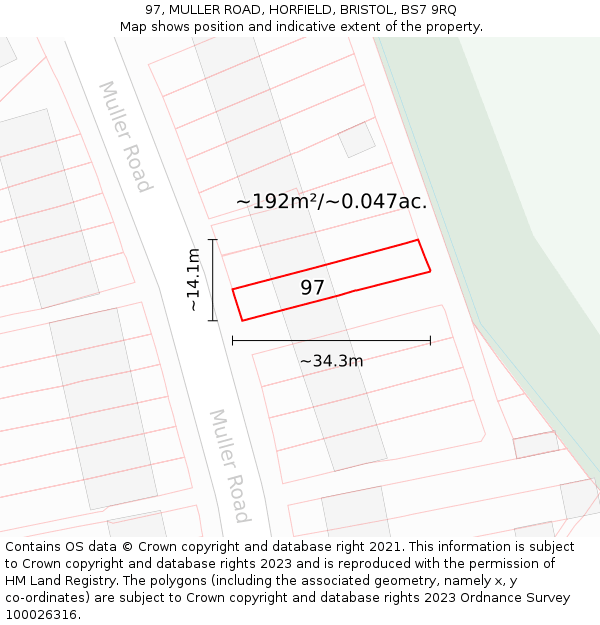 97, MULLER ROAD, HORFIELD, BRISTOL, BS7 9RQ: Plot and title map