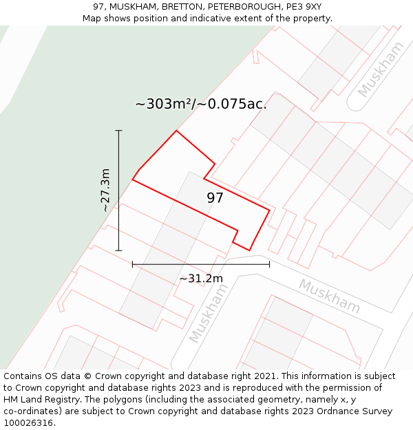 97, MUSKHAM, BRETTON, PETERBOROUGH, PE3 9XY: Plot and title map