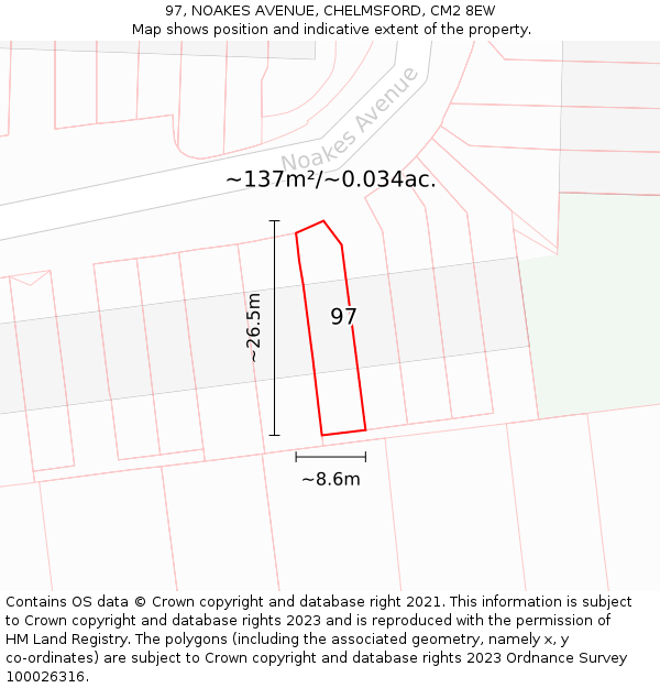 97, NOAKES AVENUE, CHELMSFORD, CM2 8EW: Plot and title map