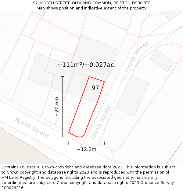97, NORTH STREET, OLDLAND COMMON, BRISTOL, BS30 8TP: Plot and title map