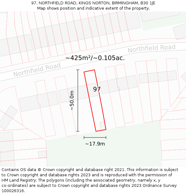 97, NORTHFIELD ROAD, KINGS NORTON, BIRMINGHAM, B30 1JE: Plot and title map