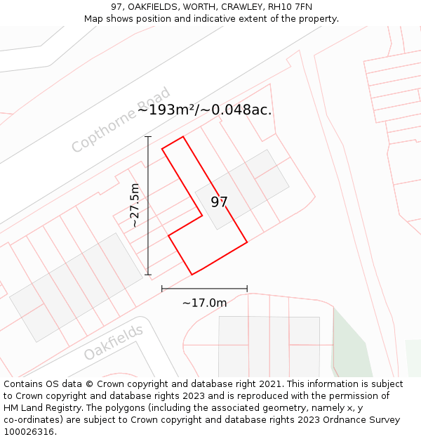 97, OAKFIELDS, WORTH, CRAWLEY, RH10 7FN: Plot and title map