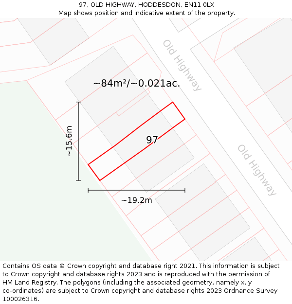 97, OLD HIGHWAY, HODDESDON, EN11 0LX: Plot and title map