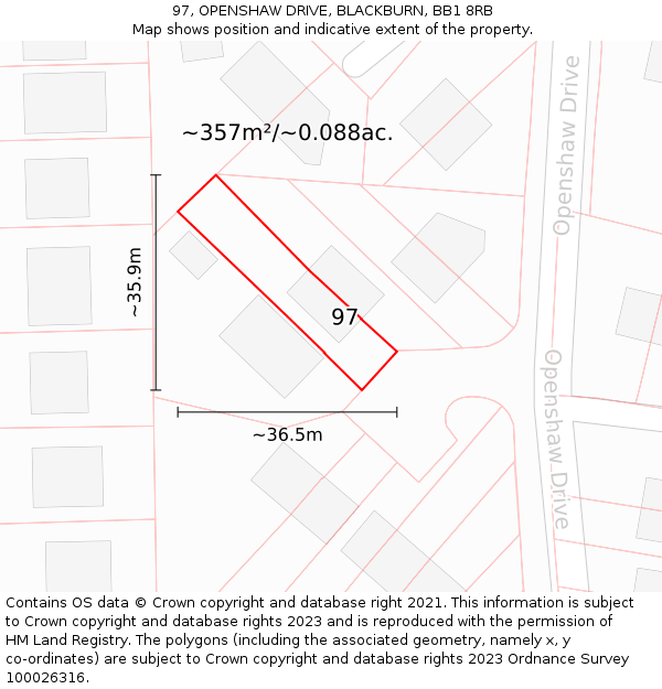 97, OPENSHAW DRIVE, BLACKBURN, BB1 8RB: Plot and title map