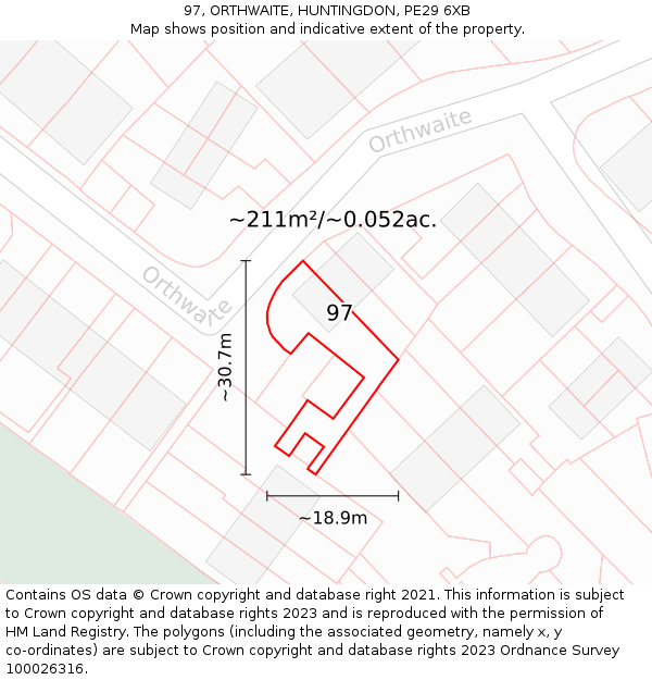 97, ORTHWAITE, HUNTINGDON, PE29 6XB: Plot and title map