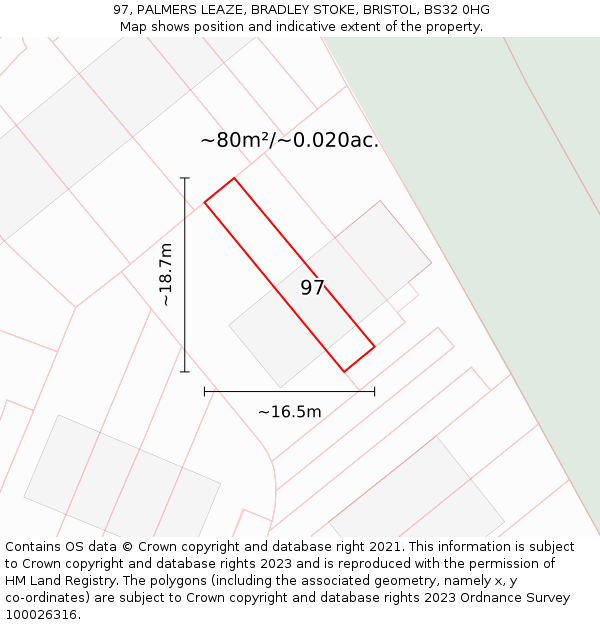 97, PALMERS LEAZE, BRADLEY STOKE, BRISTOL, BS32 0HG: Plot and title map