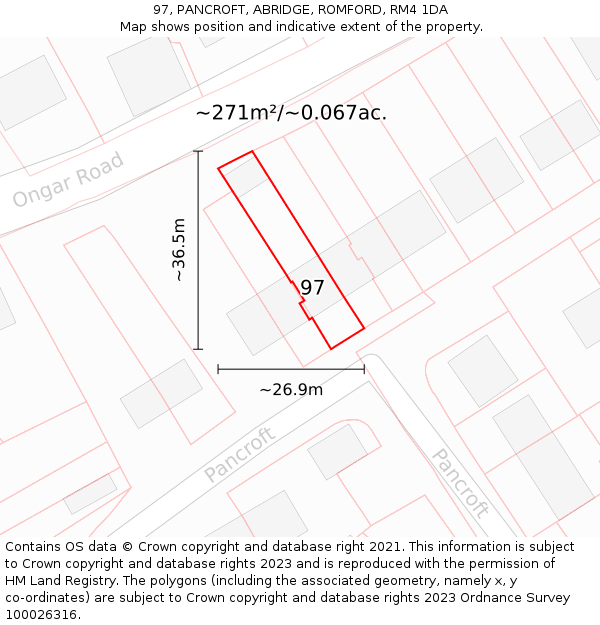 97, PANCROFT, ABRIDGE, ROMFORD, RM4 1DA: Plot and title map