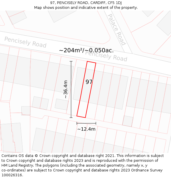 97, PENCISELY ROAD, CARDIFF, CF5 1DJ: Plot and title map