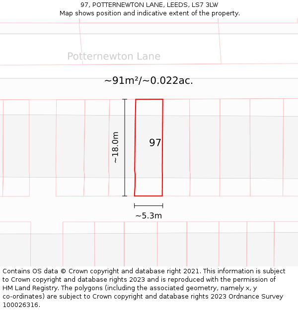 97, POTTERNEWTON LANE, LEEDS, LS7 3LW: Plot and title map
