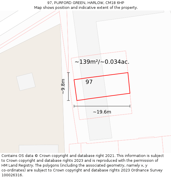 97, PURFORD GREEN, HARLOW, CM18 6HP: Plot and title map