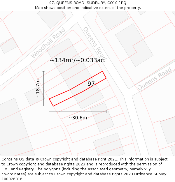 97, QUEENS ROAD, SUDBURY, CO10 1PQ: Plot and title map
