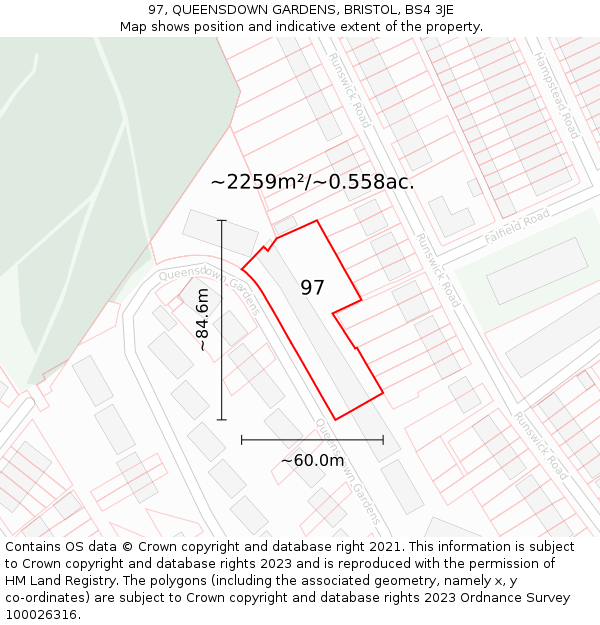 97, QUEENSDOWN GARDENS, BRISTOL, BS4 3JE: Plot and title map