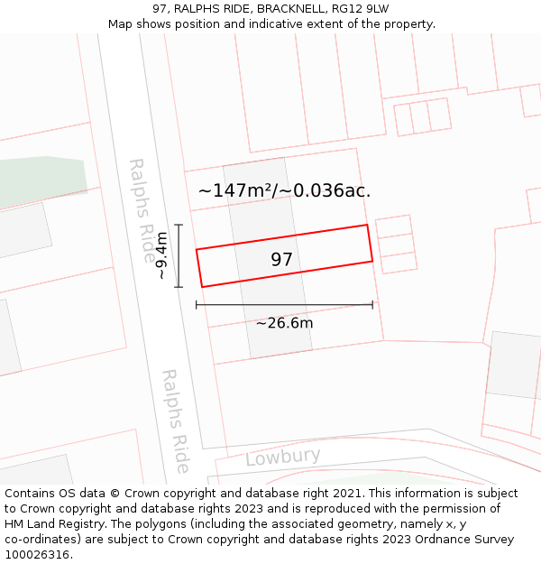 97, RALPHS RIDE, BRACKNELL, RG12 9LW: Plot and title map
