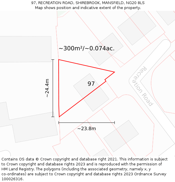 97, RECREATION ROAD, SHIREBROOK, MANSFIELD, NG20 8LS: Plot and title map