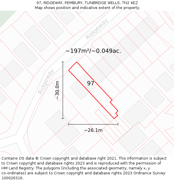 97, RIDGEWAY, PEMBURY, TUNBRIDGE WELLS, TN2 4EZ: Plot and title map