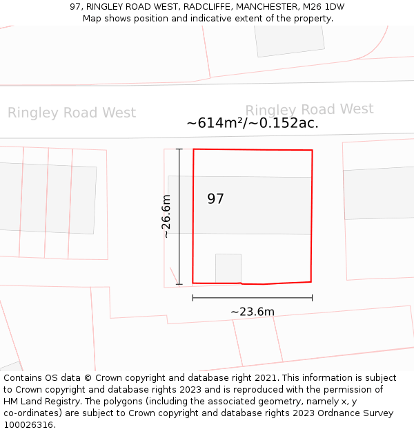 97, RINGLEY ROAD WEST, RADCLIFFE, MANCHESTER, M26 1DW: Plot and title map