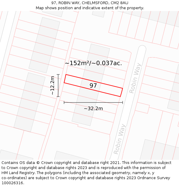 97, ROBIN WAY, CHELMSFORD, CM2 8AU: Plot and title map