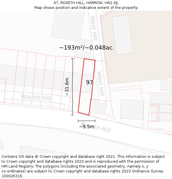 97, ROXETH HILL, HARROW, HA2 0JL: Plot and title map