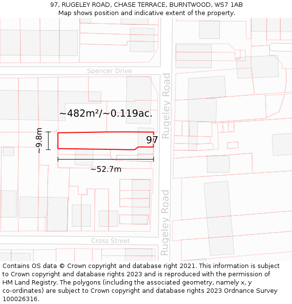 97, RUGELEY ROAD, CHASE TERRACE, BURNTWOOD, WS7 1AB: Plot and title map