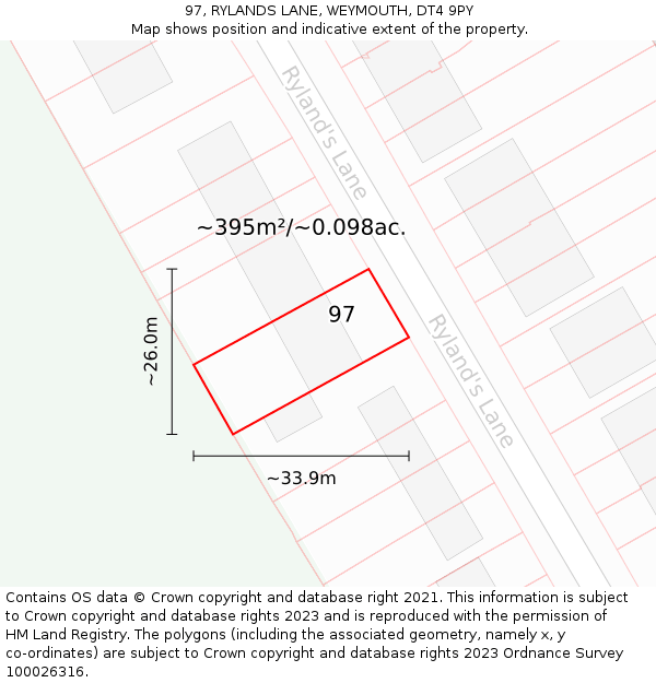 97, RYLANDS LANE, WEYMOUTH, DT4 9PY: Plot and title map