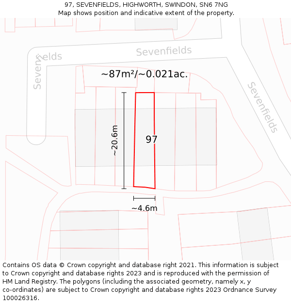 97, SEVENFIELDS, HIGHWORTH, SWINDON, SN6 7NG: Plot and title map