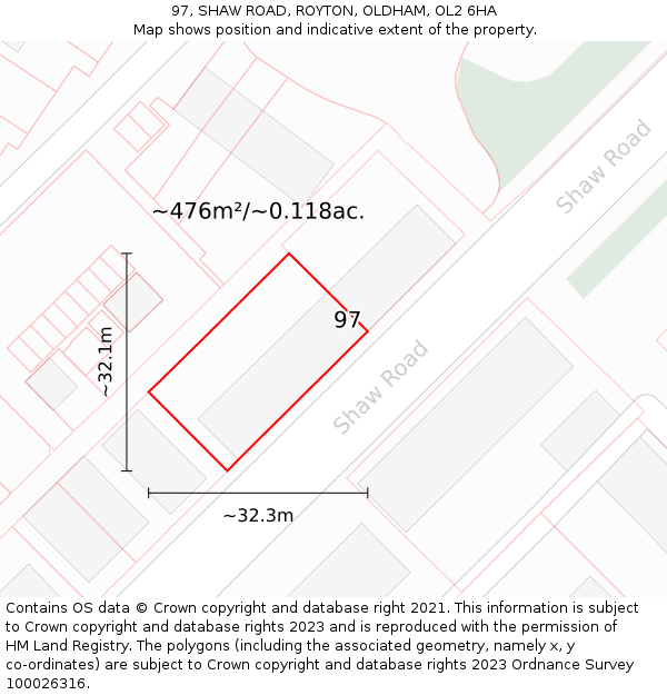 97, SHAW ROAD, ROYTON, OLDHAM, OL2 6HA: Plot and title map