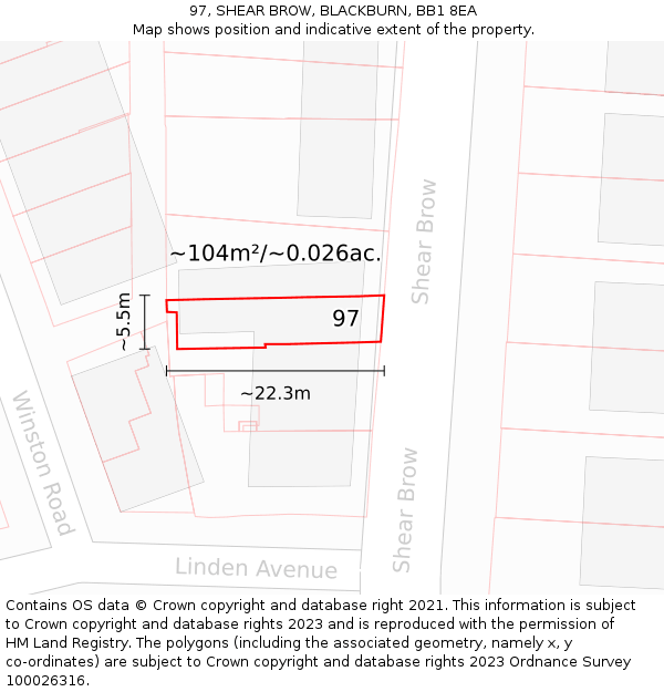 97, SHEAR BROW, BLACKBURN, BB1 8EA: Plot and title map
