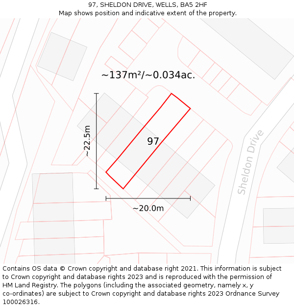 97, SHELDON DRIVE, WELLS, BA5 2HF: Plot and title map