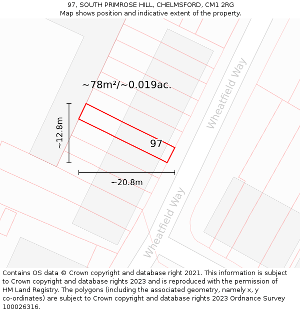97, SOUTH PRIMROSE HILL, CHELMSFORD, CM1 2RG: Plot and title map